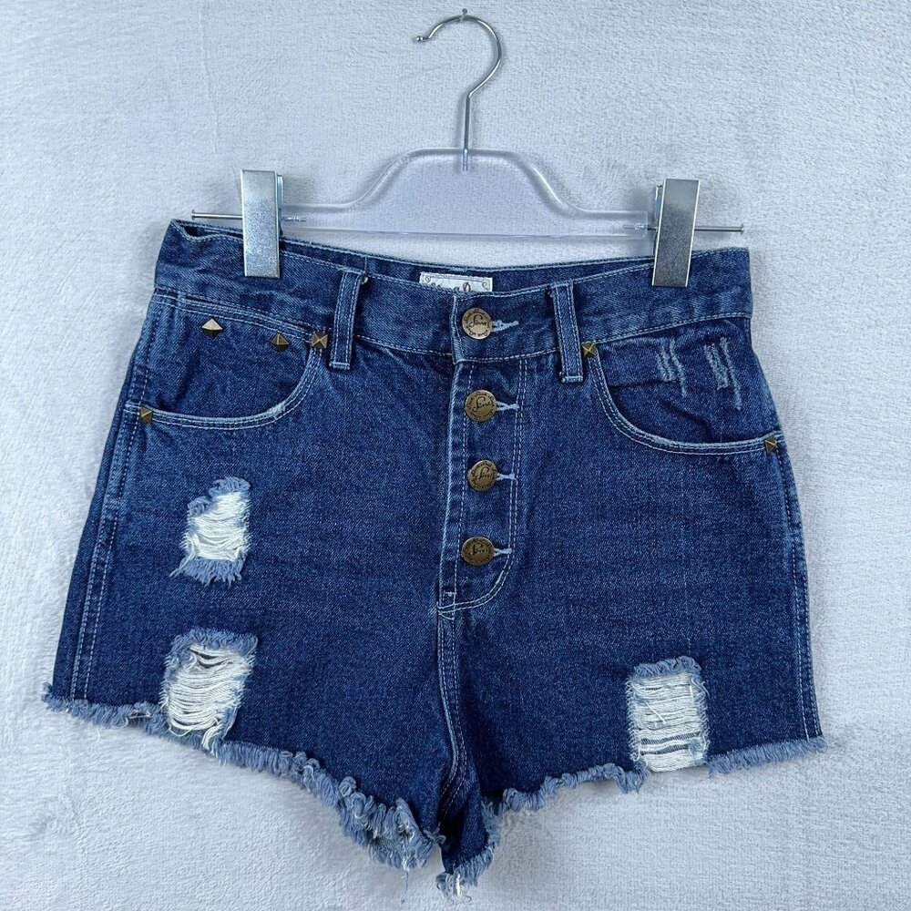 Sima Denim Womens Boyfriend Shorts Super Loved Destroy Button Fly Blue Size 28